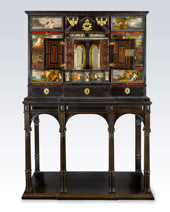 A Gilt-Metal-Mounted Ebony, Ebonized, Rosewood, Tortoiseshell and Ivory Cabinet on a Stand, Decorated with Scenes from Ovid’s Metamorphoses